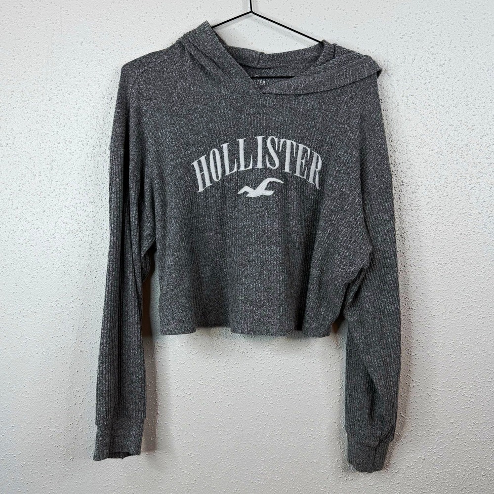Hollister Women's Gray Logo Pullover Hooded Hoodie Knit Long Sleeve, M
